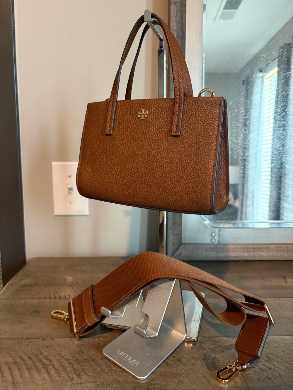 Tory Burch Cognac Pebbled Leather Satchel with Wide Strap